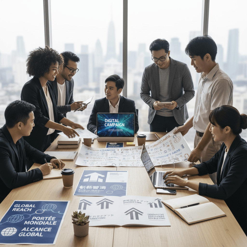 Multilingual marketing materials on desk with diverse team working