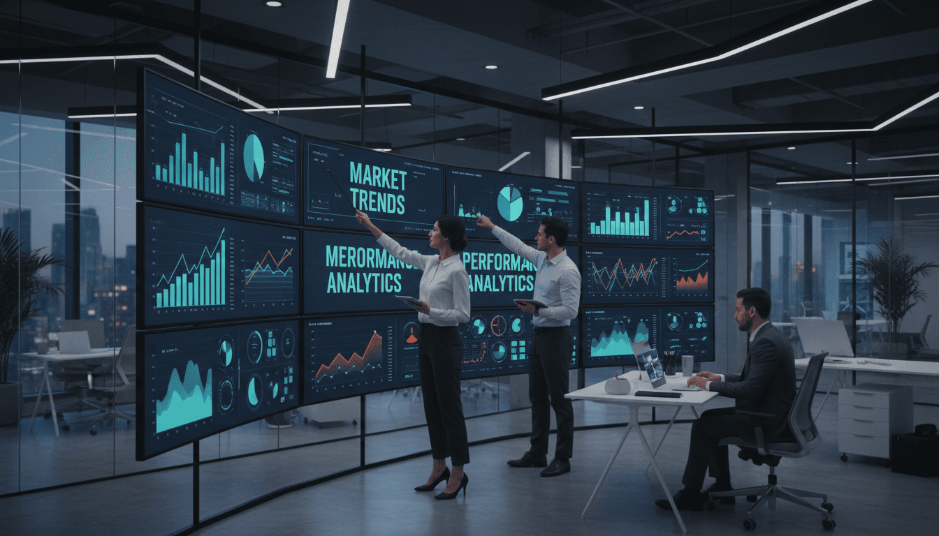 Marketing team analyzing data on digital screens in a modern office