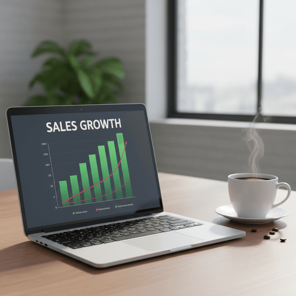 Sales growth chart on laptop screen with coffee cup nearby