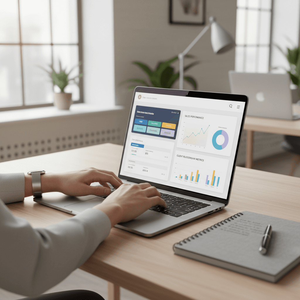 Marketing consultant at desk with laptop
